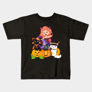 funny witch and her cats enjoy in halloween Kids T-Shirt